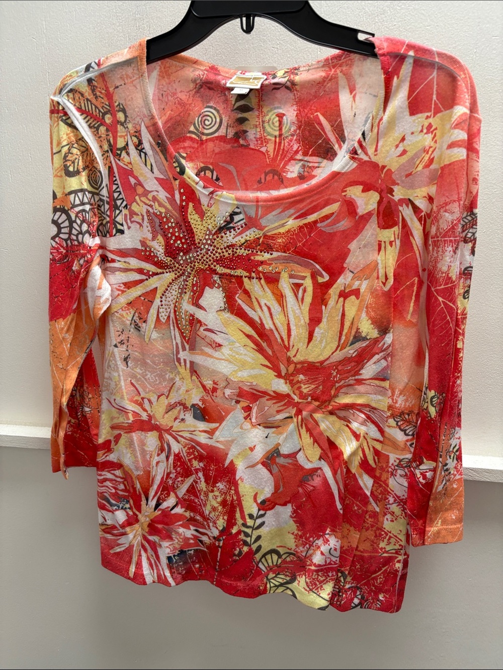JM Collection Red Coral Floral Long Sleeve Scoop Neck Top